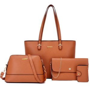 Women Fashion Synthetic Leather Handbags Tote Bag Shoulder Bag Top Handle Satchel Purse Set 4pcs